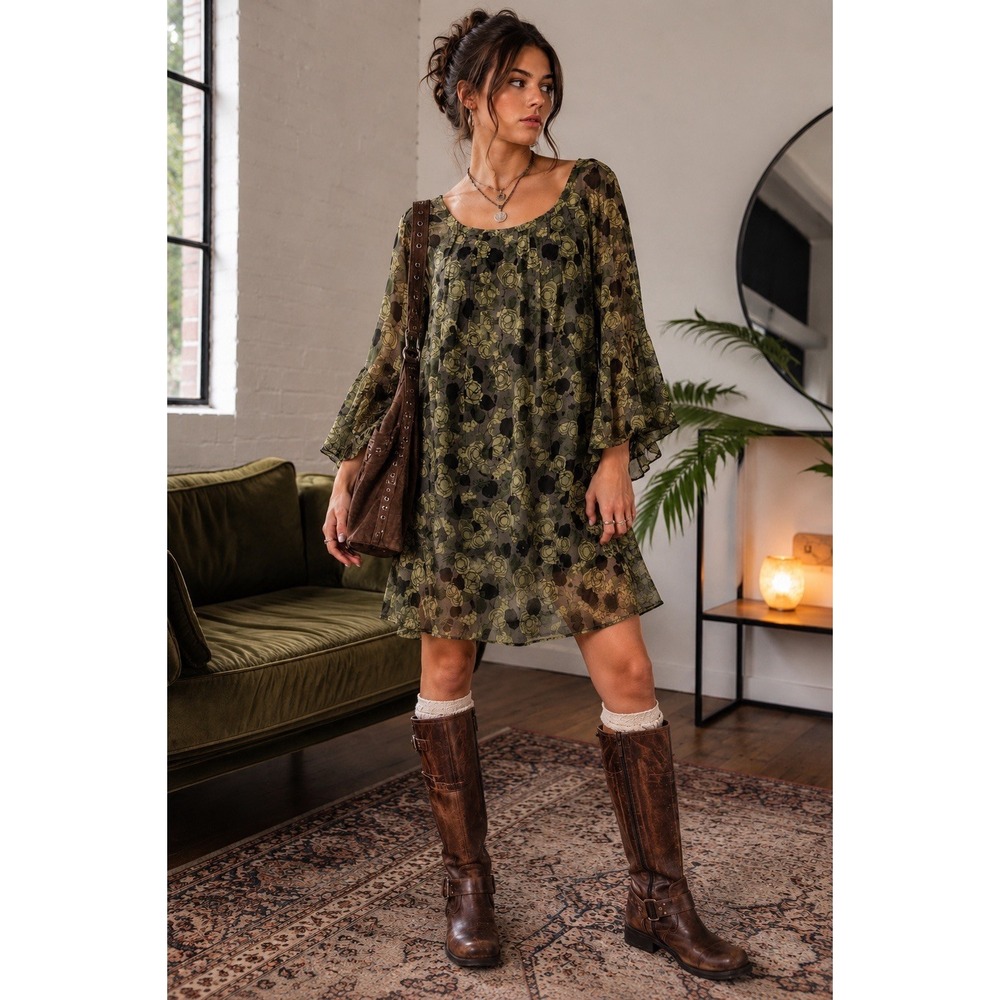 Vintage Y2K Benetton Silk Dress M Green Floral Boho Fairycore Peasant Tunic